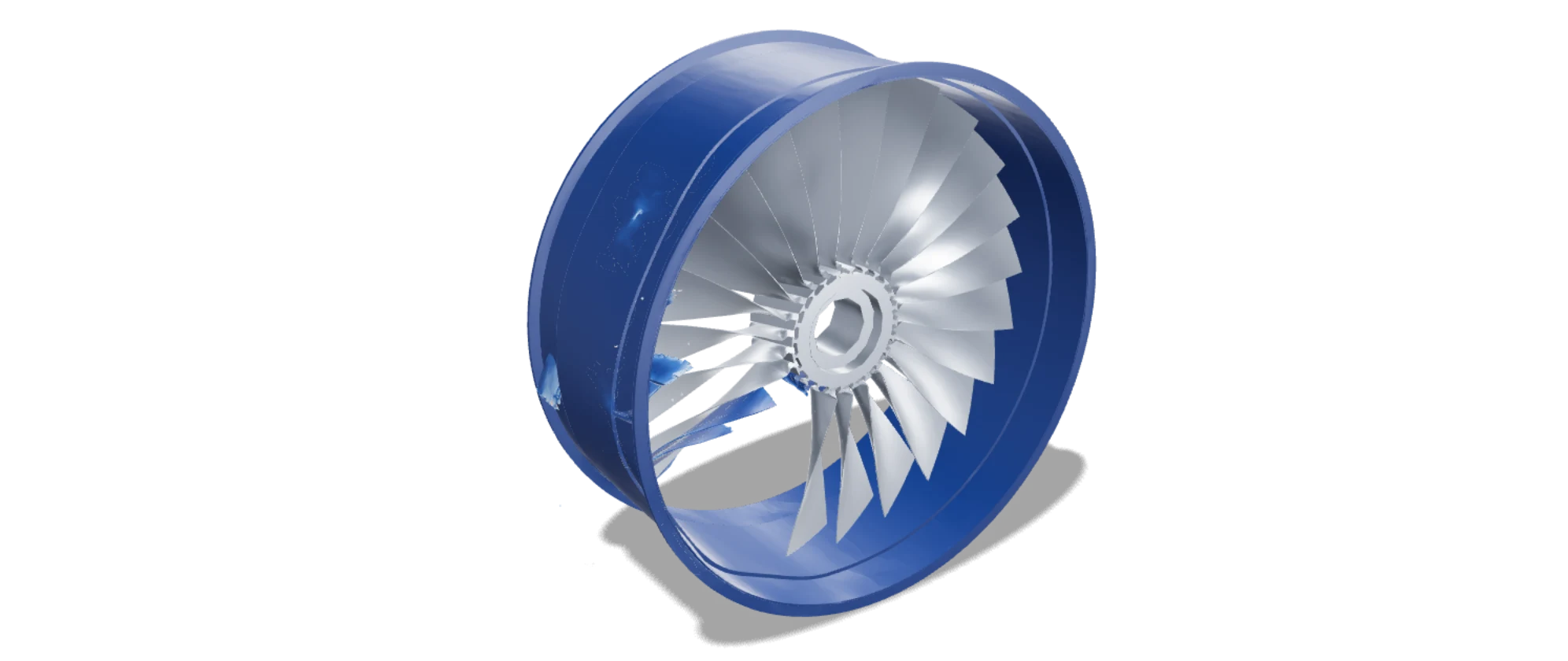 Turbofan containment ring after a blade-off impact, colored by predicted equivalent plastic strain